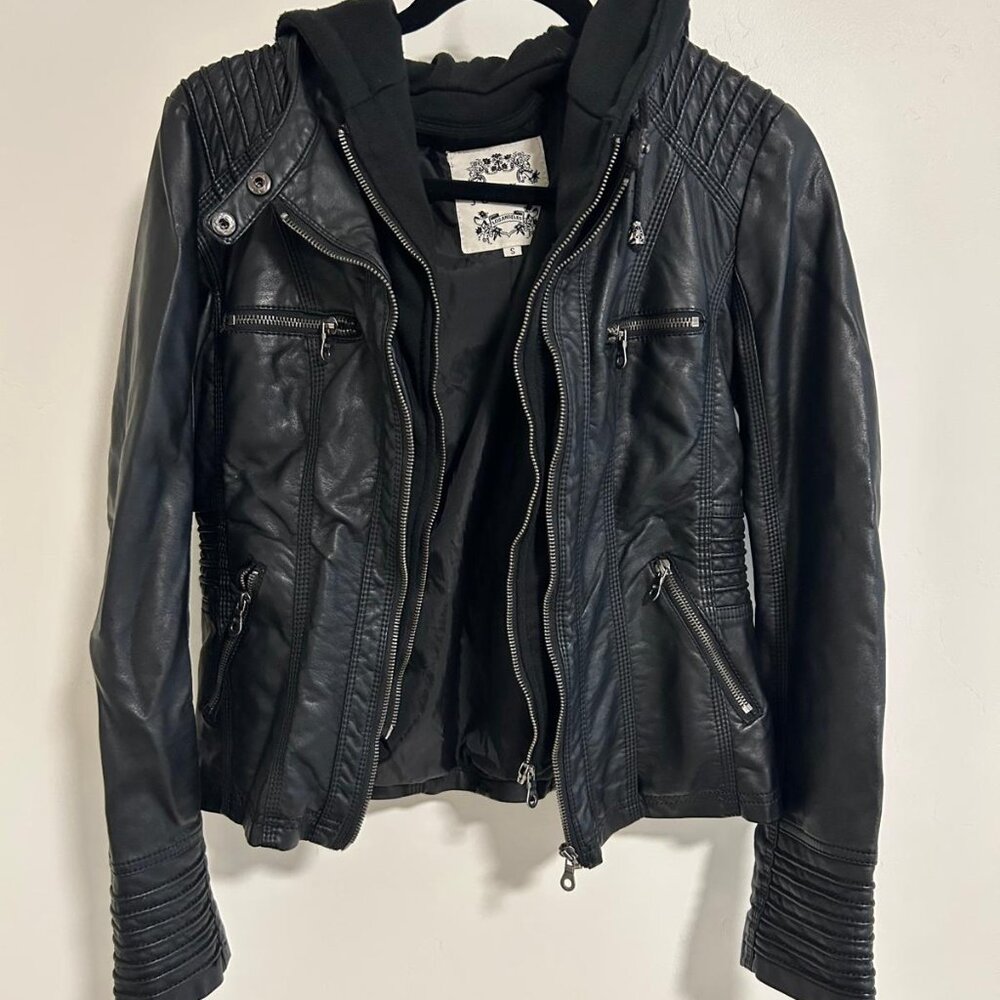 Made by Johnny Women's Removable Hoodie Motorcyle Jacket, Size S, Faux Leather